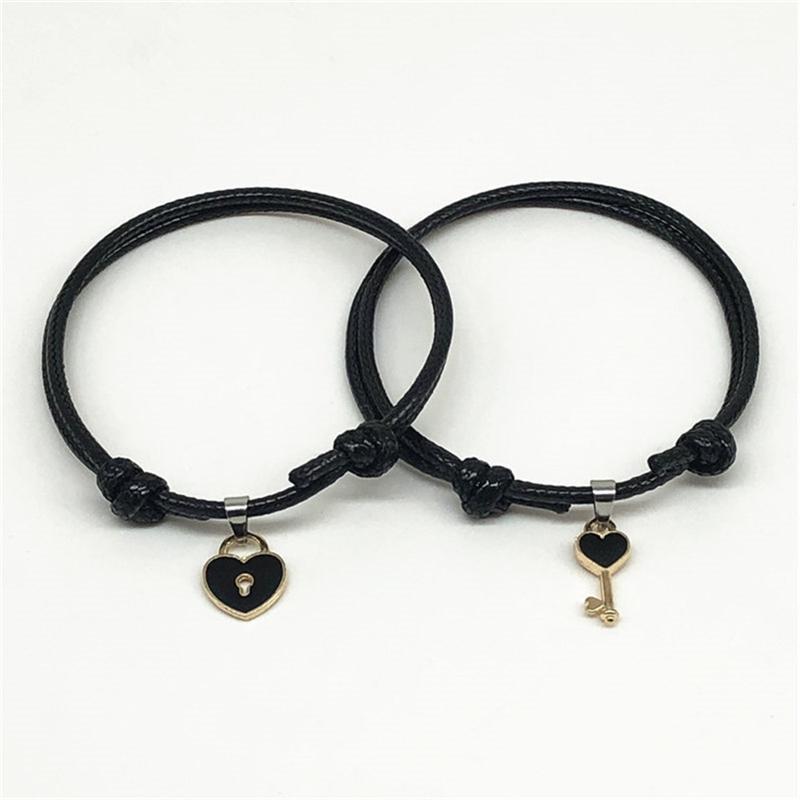 

2 Pcs/lot Japanese Korean black Rope retro couple bracelet key heart lock charm bracelet handmade Lovers jewelry girlfriend gift1