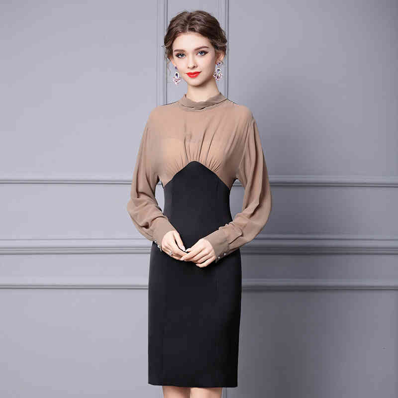 

Casual Dresses Zhili beautiful dress long sleeve pleated stand collar feminine temperament spring slim wrap hip skirt QB98, Apricot