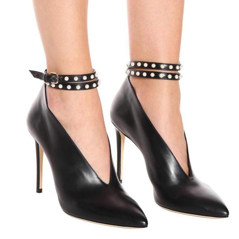 

Brand Women Shoes Sexy Pointed Toe High Heels Shoes Woman Pumps Belt Rivets Decor Ankle Boots Deep V Design Chaussures Femme, 9cm heel