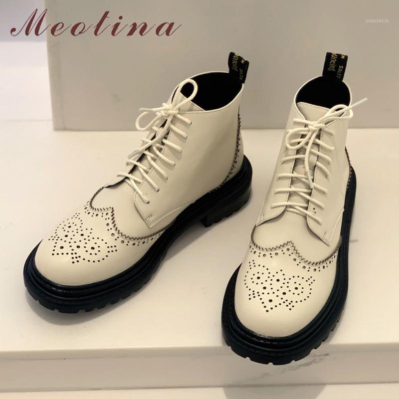 

Meotina Motorcycle Boots Women Shoes Genuine Leather Platform Mid Heel Short Boots Lace Up Chunky Heels Ladies Ankle 401, Black synthetic lin