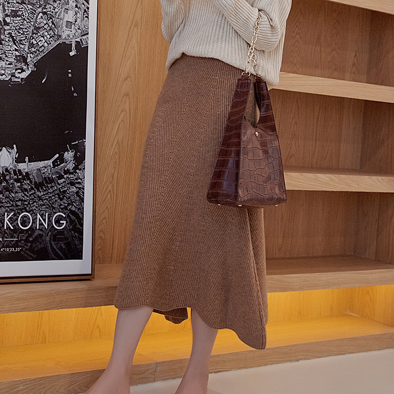 

2021 High Elastic Waist Women Skirts 100% Cashmere and Wool Knitting Jumpers Winter New Fashion Ladies Skirt Eevw, Dark camel