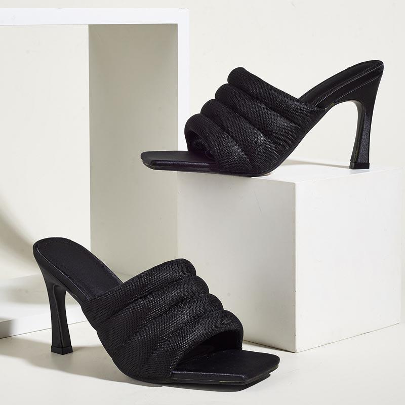 

2021 New Mesh Women's Slippers Ladies Mules Square Toe Female High Heels Plus Size Woman Black Footwear Women Pink Shoes Summer