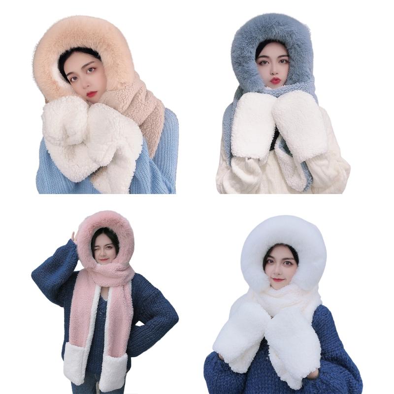 

Winter Fuzzy Plush 3 In 1 Hooded Scarf Hat Gloves Set Women Contrast Color Cartoon Ears Thicken Earflap Cap Neck Warmer Mittens, Blue
