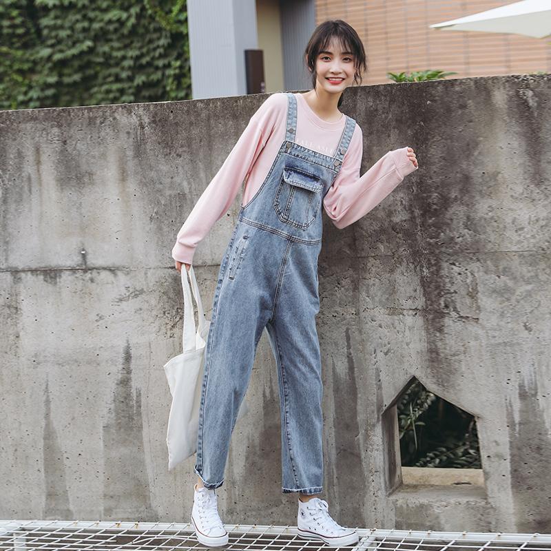 

Blue Women's Suspenders Straight Jumpsuit Jeans High Waist Harem Denim Pants Student Style Trousers New Fashion