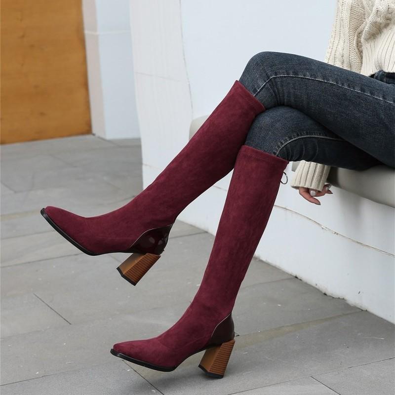 

Flock Patchwork Thick Heels Long Boots Knee-High Boots Women Shoes Square Toe Metal Zipper High Heel Fashion Lady Winter1, Beige