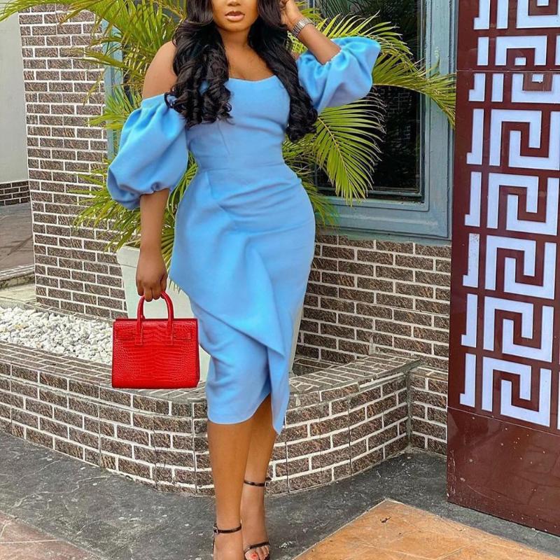 

Women Office Ladies Dress Slash Neck Bodycon Lantern Sleeve Blue Elegant For Work Business Office Vestidos Dress Midi 2020