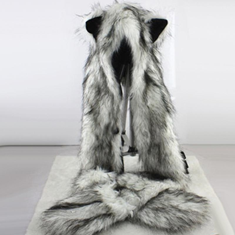 

Women Fashion Wolf Ears Paws Faux Fur 3 in 1 women's Hat Scarf Mittens Winter Warm Cap, As pic