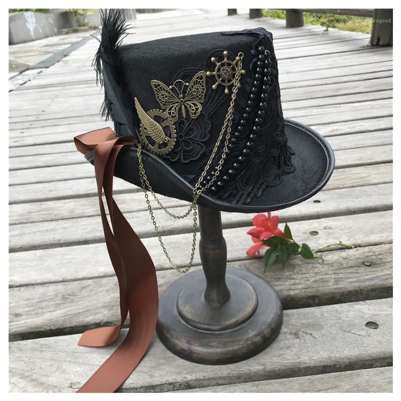 

Wide Brim Hats 2021 Fashion Men Women Handmade Steampunk Top Hat Magic Bowler Size 57CM Steampunk1, Black