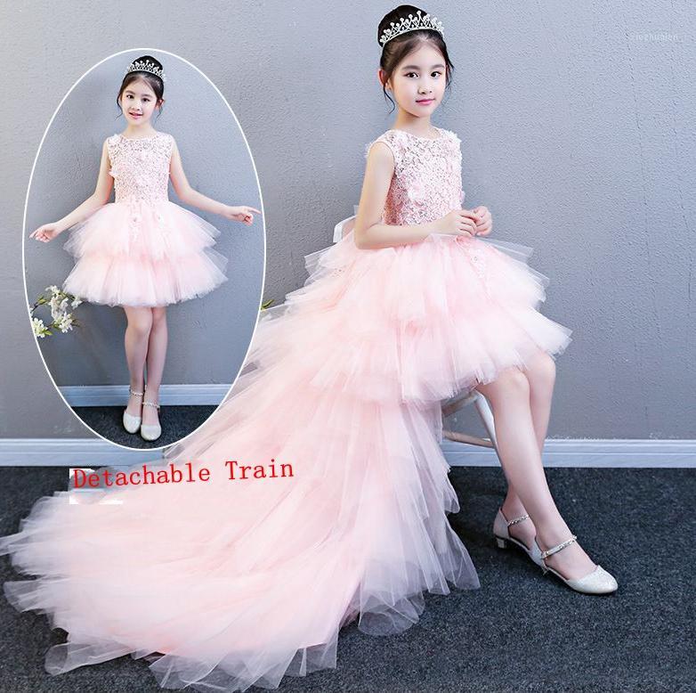 

Detachable High Low Train Flower Girl Dresses Sleeveless Lace Applique Tulle Tiered Girls Pageant Gowns Kids Puffy Prom Dresses1, Black short