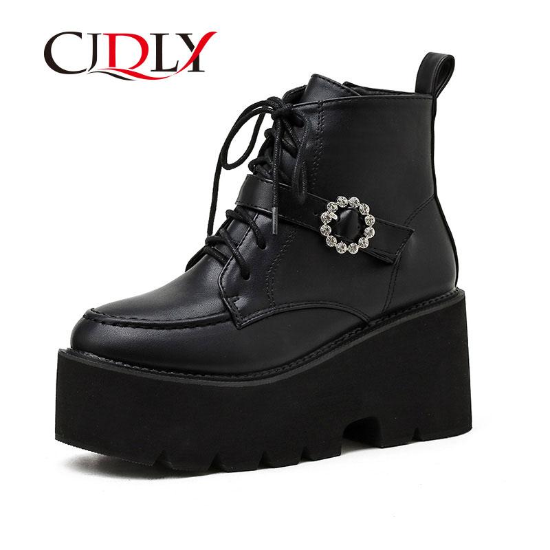 

CJDLY Fashion Platform Boots Chunky Punk Suede Leather Womens Gothic Shoes Nightclub Rhinestone Buckle Zipper High Quality, Black