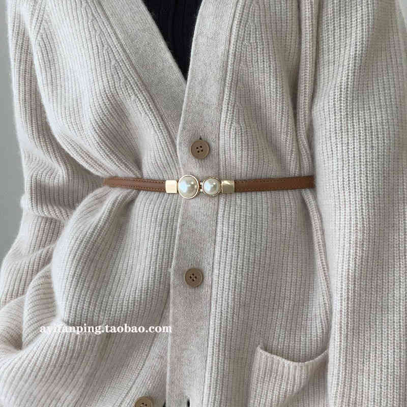 

Belts Matte leather belt women's fine decoration with dress sweater waist closure versatile pearl buckle camel small, Black