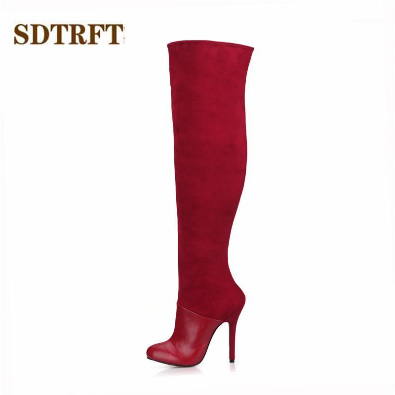

SDTRFT stilettos 12cm thin heels Over-The-Knee-high boots Flock shoes Woman Crossdresser Spring/Autumn pumps Plus:42 431, Red