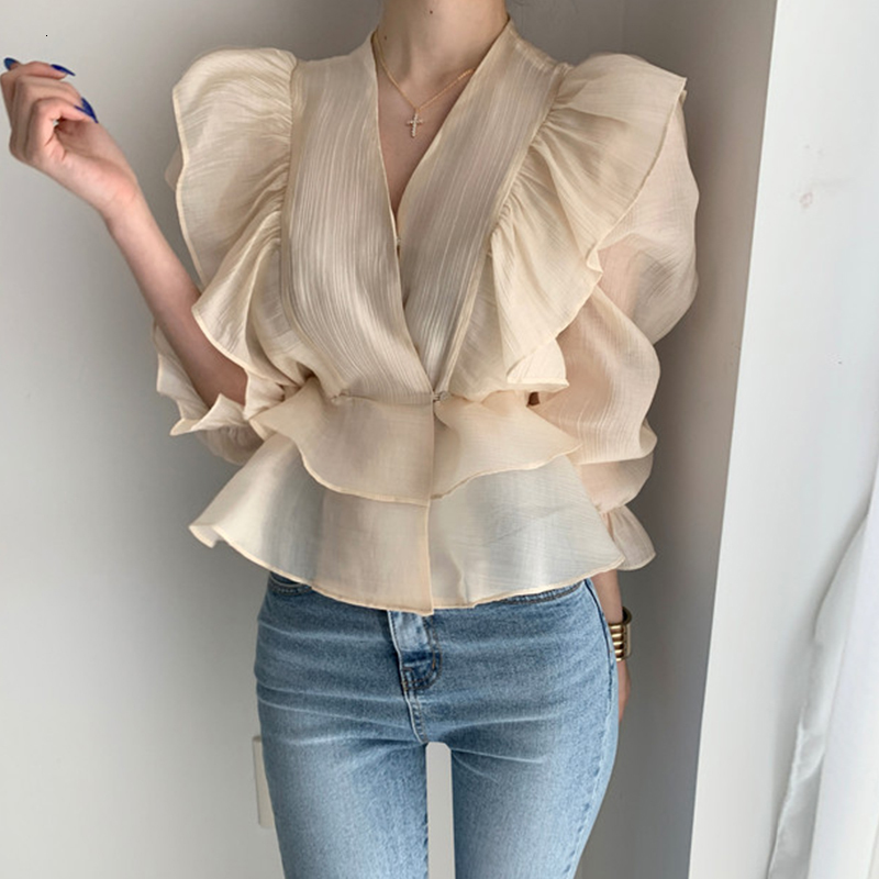 

2021 New Sweet Chiffon Women's Solid Shirts Low-cut v Sleeves Ruffles Sharpen Fine Female Shirt Korean Fashion Blouse Spring Q06K, Apricot