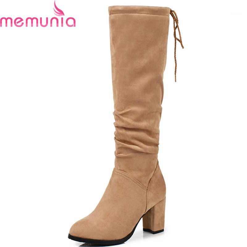 

MEMUNIA NEW arrival 2020 knee high boots with narrow band thick high heels boots round toe suede leather women long shoes1, Black