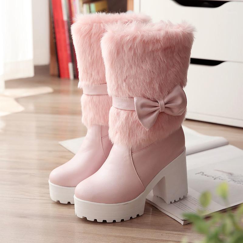 

US4-11 Womens Platform Ankle Boots Fur Fleece Liner Bowknot Warm Winter Snow Shoes Thicke Chunky Heel 3Colors Plus Size C8681, Pink