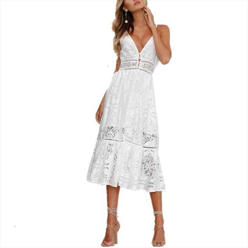 

Spaghetti Strap White Lace Sexy Women Summer Dress Hollow Out Embroidery Maxi Zipper Buttons V-neck Party Long Vestidos, Black;gray
