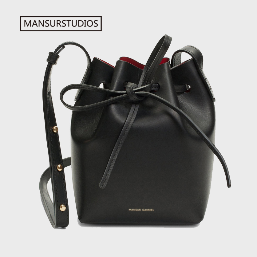 

ANSURSTUDIOS MINI Bucket Bag Mansur women Real Leather Shoulder bag , Gavriel ladies leather Crossbody bags Small bag for girl C0121, Mini dark green