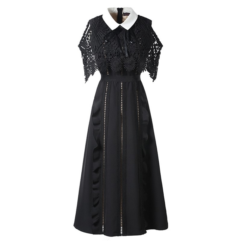 

Self Portrait dresses runway women fashion lace Long A line dress peter pan collar off the shoulder midi cloak Vestido robe Y200805, Black