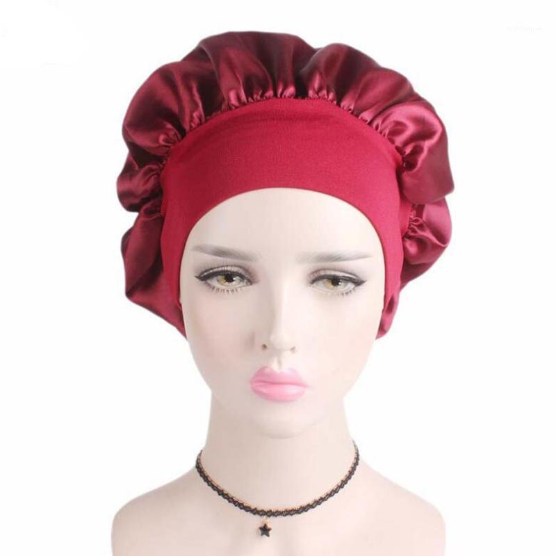 

2020 New Wide Band Satin silk Bonnet Cap Comfortable Night Sleeping Hats Shower Caps Bandana Hair Cover Chemotherapy Hats1, Red
