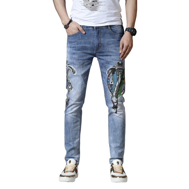 

2021 Men's Thin Denim Breeches Printed Jeans Elastic Pants Hip Cotton Summer Blue Spring MQFC