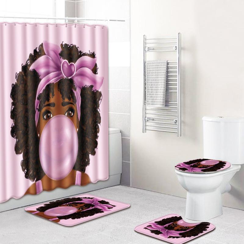 

Pink Girl Printed Polyester Shower Curtain Set Africa Women Printed Bath Curtain 180x180cm With Bathroom Mat Set Drop Shipping