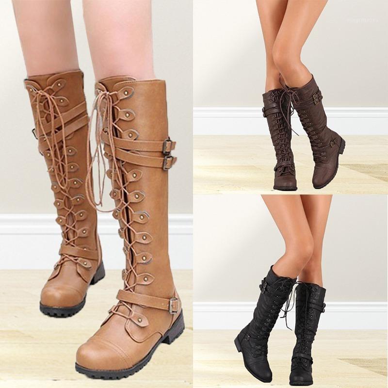 

Women Knee High Boots Vintage Punk Gothic Lace-Up Buckles Winter Long Slim Boots Low Heel Western Combat Female1, Black