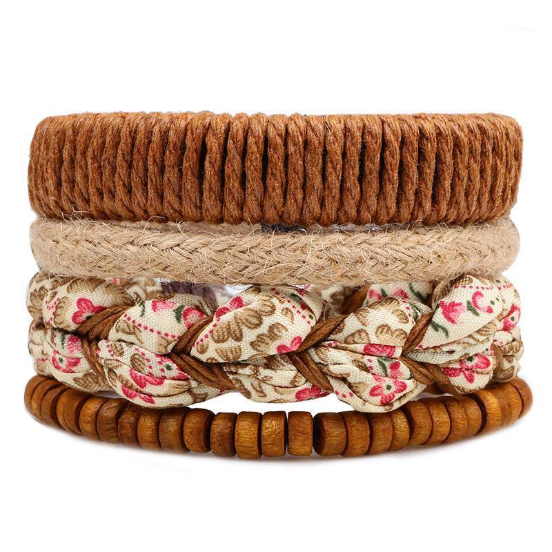 

4pcs/set Punk Brown Beige Cord Wrap Knots Leather Wooden Beads Gypsy Textile Fabric Layers Wide Bracelets Bangle women1