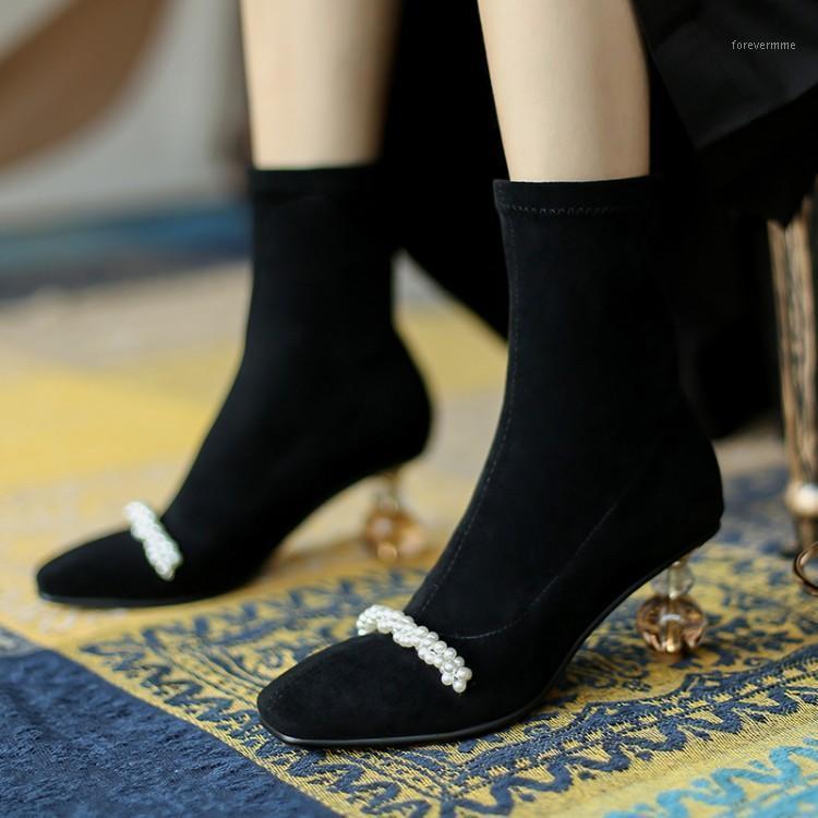 

Ankle Boots For Women 2021 Black Suede Stretch Fabric Sock Ladies Booties Square Toe Slip On Shoes Woman Luxury Pearl Buckle1