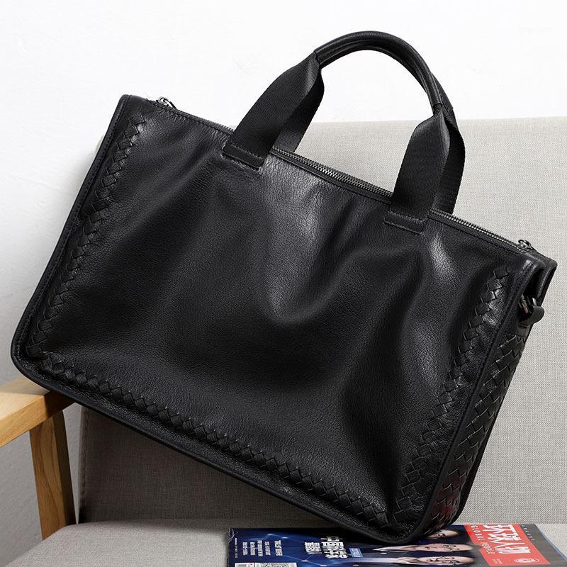 

MAHEU New Fashion Leather Briefcase for men 15.6 computer bag black soft cowskin business laptop bag with braided men handbag1, Size m (38cm)