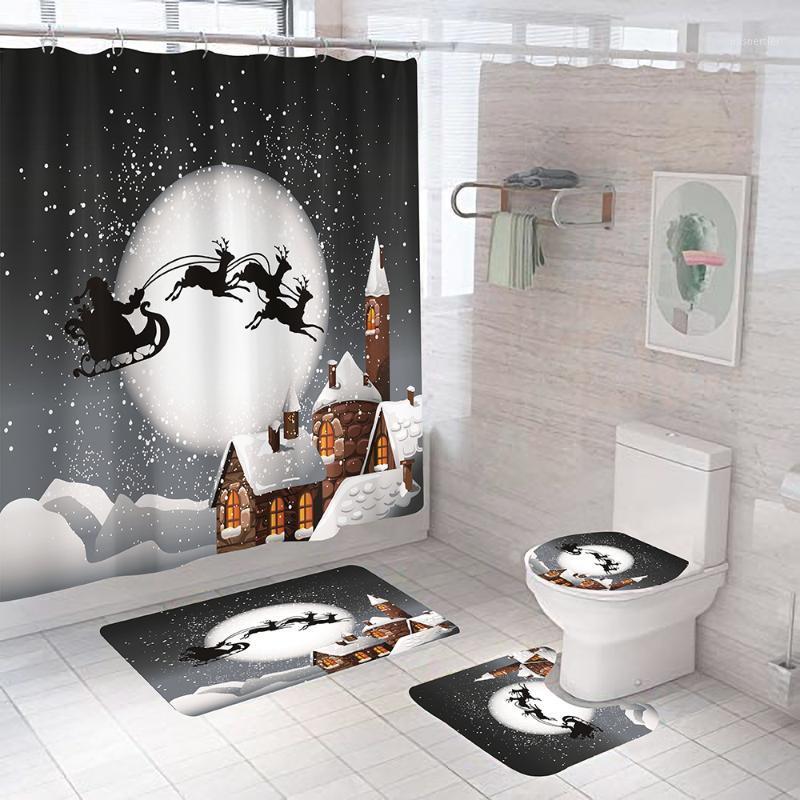 

Santa Claus Merry Christmas Bathroom Curtains Set Snow Shower Curtain and Anti-slip Pedestal Rug Lid Toilet Cover Bath Mat1