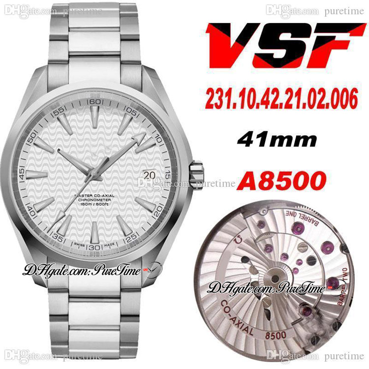 

VSF Aqua Terra 150M 41.5mm CAL A8500 Automatic Mens Watch White Textured Dial Silver Markers Stainless Steel Bracelet 231.10.42.21.02.006 Super Edition Watches Puretime, 150m-01