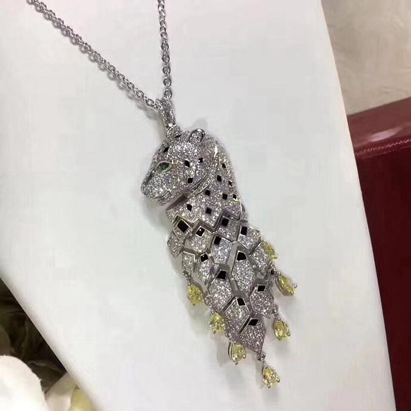 

BJL Luxury Leopard Zircon Tassel Copper Collar Necklace Animal Tiger Panther Tassel Long Charm Wedding Bridal Elegant Gift