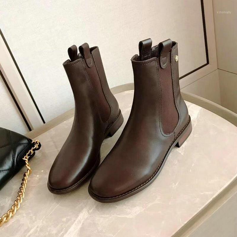 

2020 Autumn Black Brown Knight Boots Woman Metal Camellia Low Heel Winter Shoes Women Luxury Designer Short Tube Leather Boots1, Brown ankle