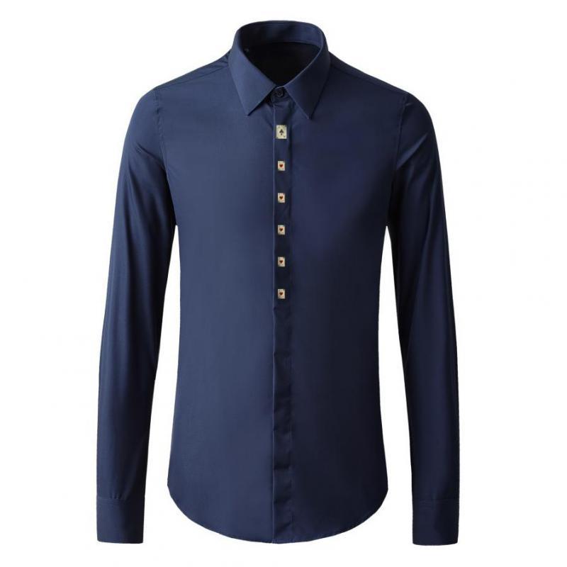 

Minglu Metal Playing Card Male Shirts Luxury Long Sleeve Solid Color Casual Mens Dress Shirts Fashion Slim Fit Party Man, Navy