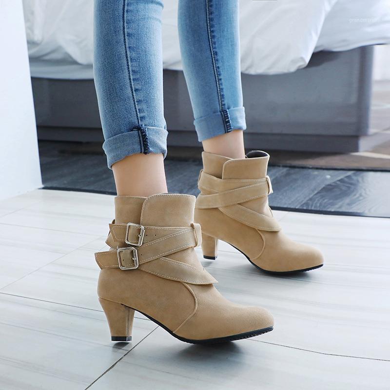 

Street style comfortable round toe flock ankle boots buckle black yellow apricot medium with thick riding boots women's shoes1, Beige