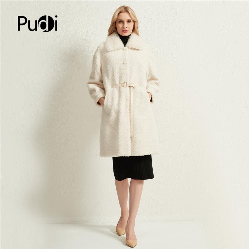 

Pudi women long real sheep fur coat jacket female winter wool fur jackets belt parka trench H98917-A, Black