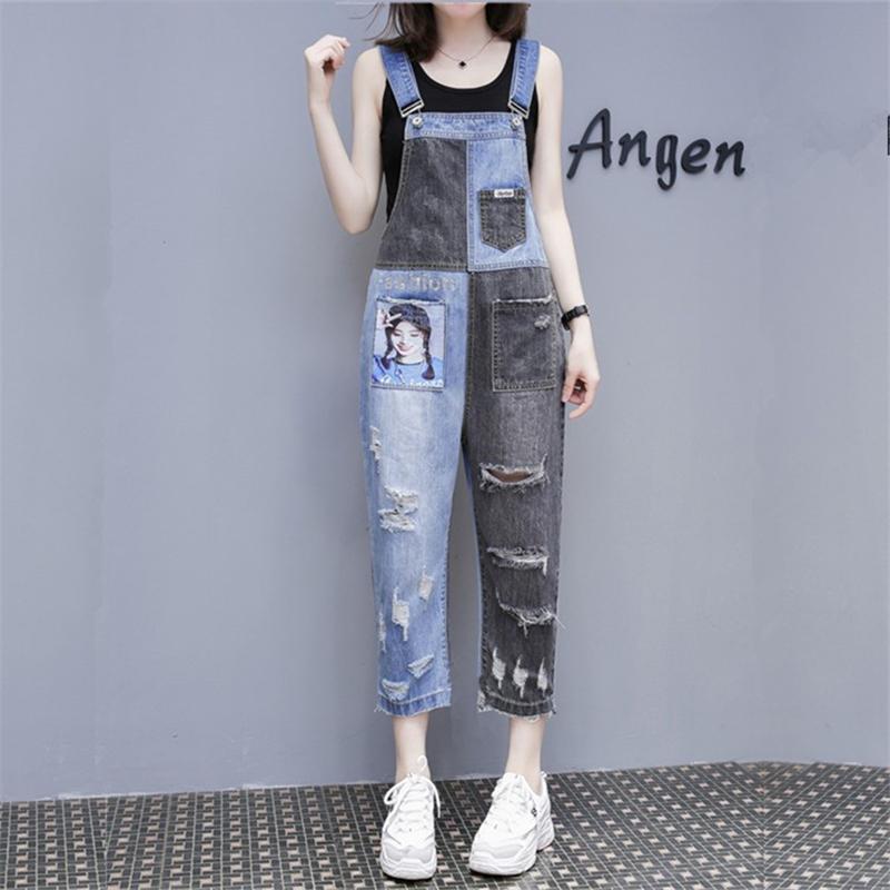 

2020 Spring Fashion Patchwork Hole Sling Jeans Jumpsuit Women Sleeveless Denim Rompers Loose High Waist Strap Ladies Tide D2027, Photo color