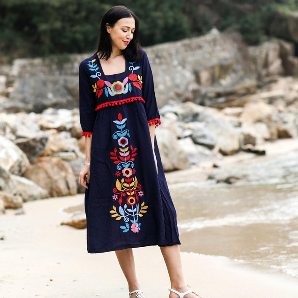 

vintage chic women bohemian holiday floral embroidery loose midi dress linen cotton short sleeve boho hippie dress vestidos, Black;gray