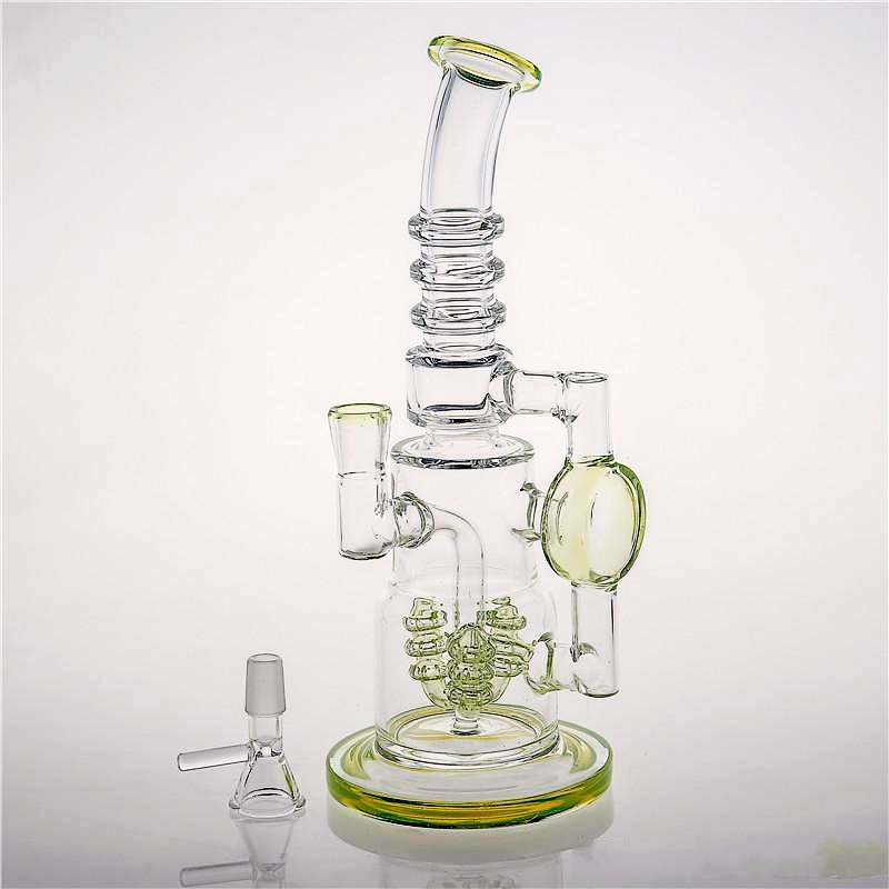 

28cm Yellow Glass Bongs With Bowl Joint 14.4mm Two Fuction Inside Perctlator Smoking Water Pipes free Shipping Recycler Oil Rigs Glass Bong