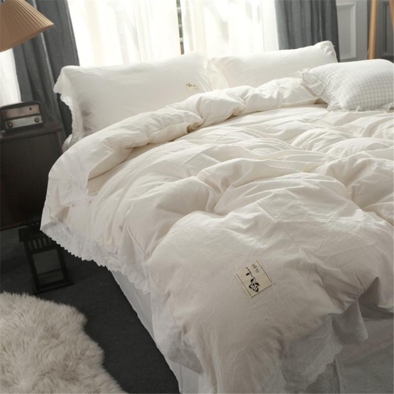 

3/4pc Lace Bedding Set For Children Adult Single Fitted Bed Sheets Teens Girls White Pink Duvet Cover Set Cotton Queen King Size