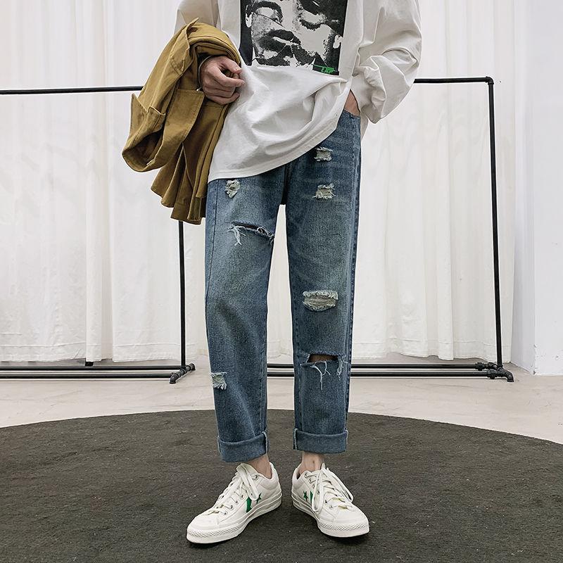

Ripped Jeans Men' Fashion Retro Wide-leg Jeans Men Streetwear Korean Loose Hip-hop Hole Straight Denim Trousers Mens -3XL, Blue