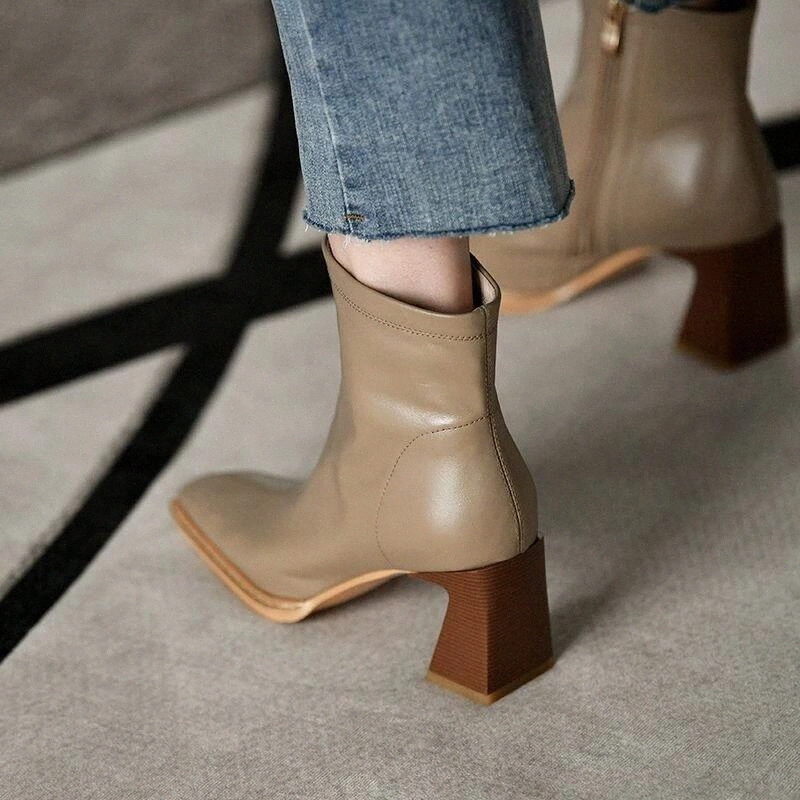 

2020 Fashion Square Heel Square heel Ankle Boots Women Side Zip Party Dress Office Lady Daily Shoes Black Khaki #So7Q