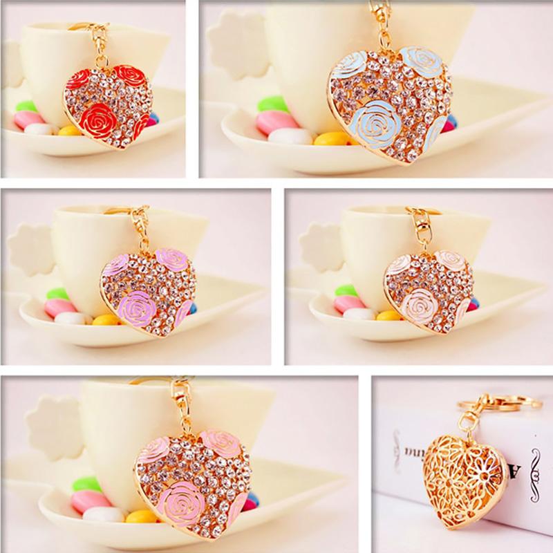 

Keychains Love Heart Rhinestone Flower Keychain Women Crystal Beads Alloy Key Ring Fashion Cute Bag Car Pendant Girls Festival Gift, Silver