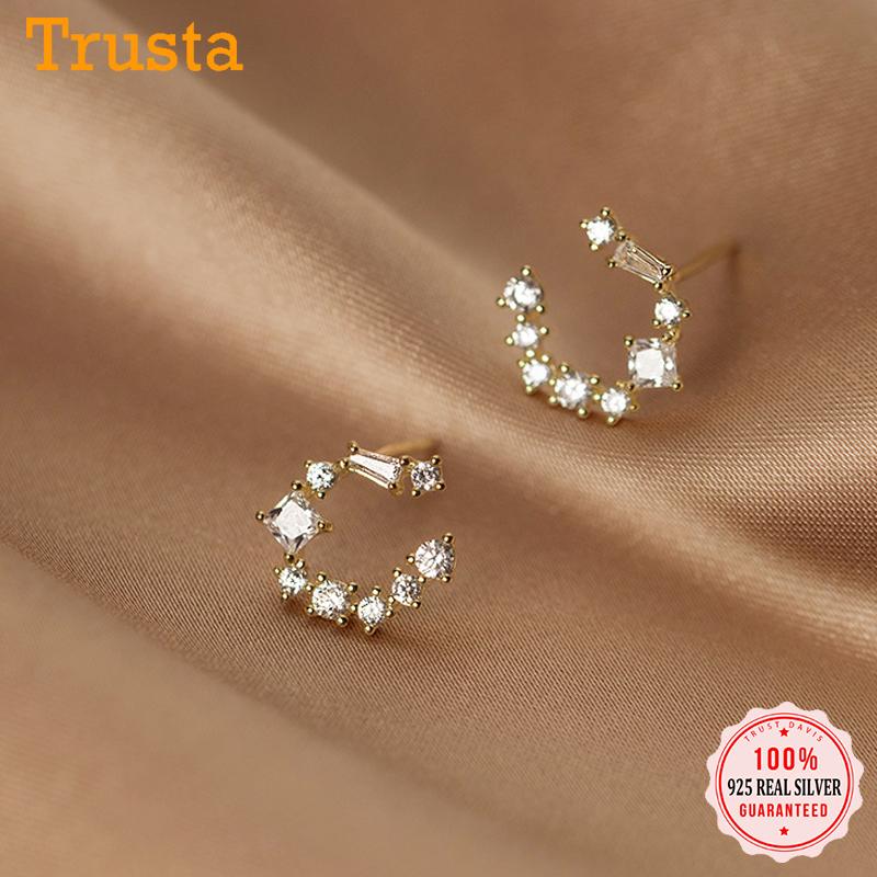 

TrustDavis Real 925 Sterling Silver Fashion Sweet Moon Dazzling CZ Stud Earrings For Women Wedding Party Fine Jewelry DB064