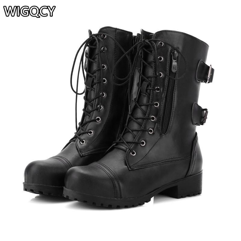 

2020 Autumn Wnter New Women's Boots Rivet Mid-tube Leather Women's Boots Belt Buckle Round Toe Lace Up, Black