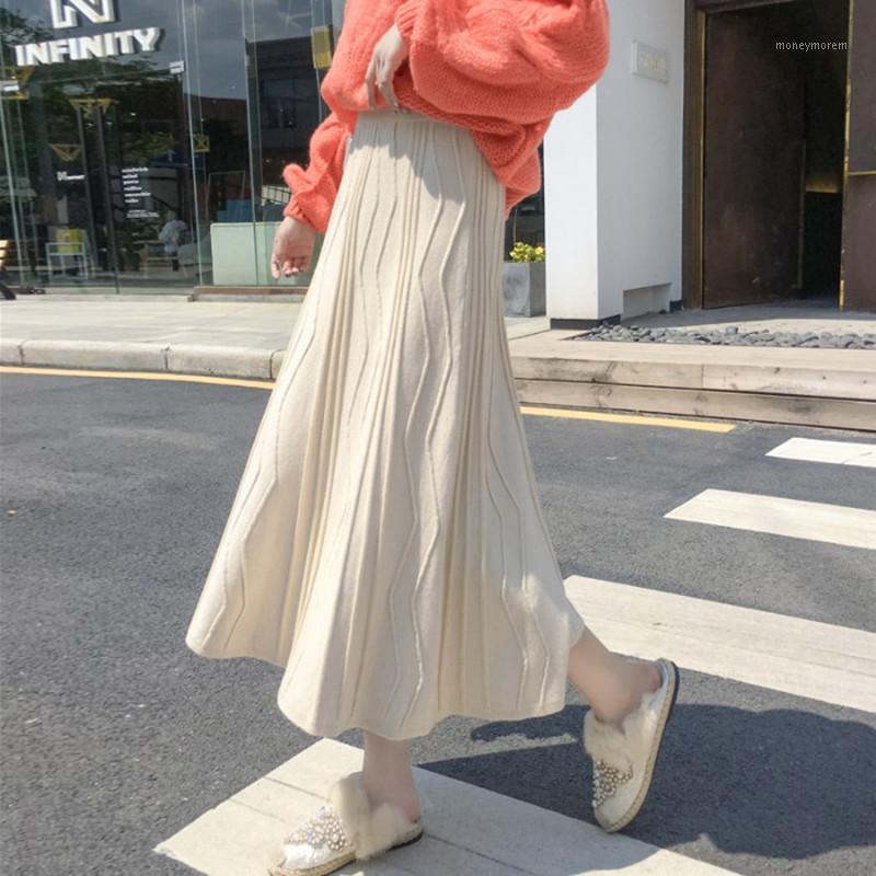 

2020 Autumn Winter Knitted Skirt Women Fashion Elastic High Waist A line Twist Sweater Long Skirt midi Black Skirts1, Beige