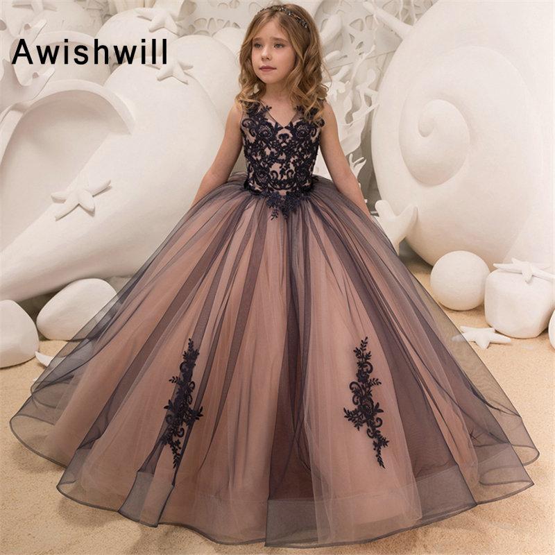 

2020 Flower Girl Dress Applique Tulle Double V Neck Princess Pageant Dresses for Girls Ball Gown Party Dress, Black