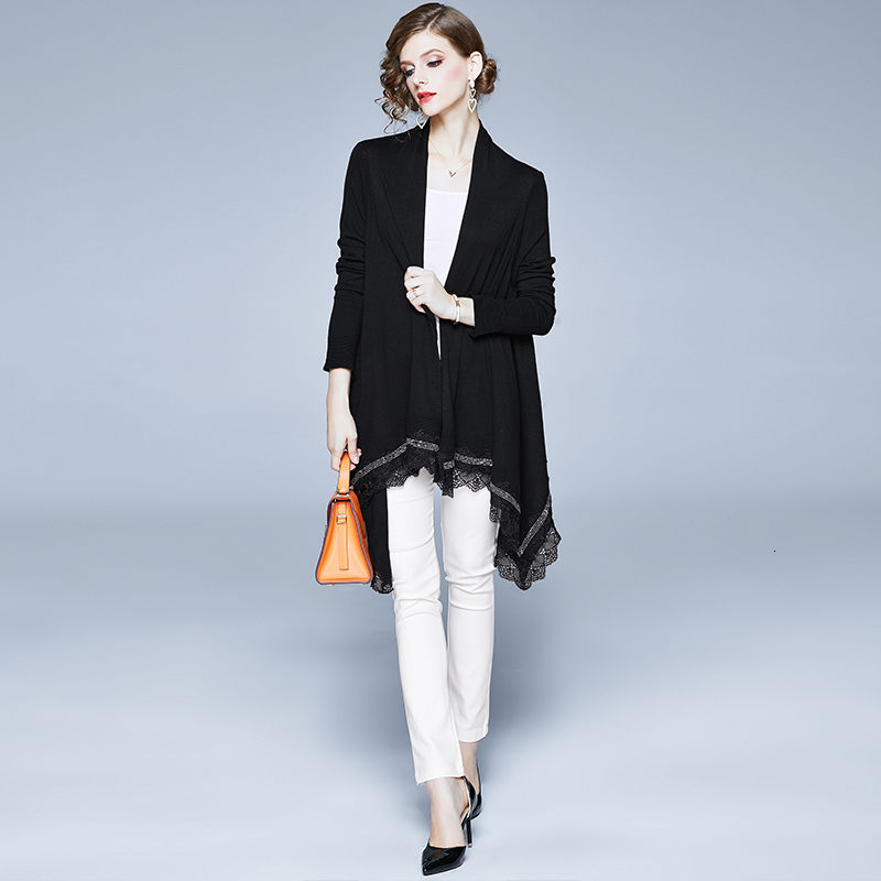 

2021 New Cardigan Women Elegant Shawl Sweater Long Sleeve Poncho Knitted Diamond Lace Splicing Cape Coat Cloak Capas De Mujer 3zhi, Black