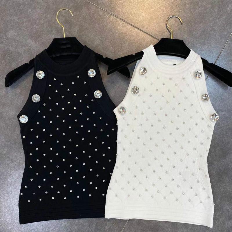 

DEAT 2021 Spring New Arrivals Sleeveless Diamonds Sequins Beadings Buttons Short Knitted Tank Tops Vest Women ML351, Black
