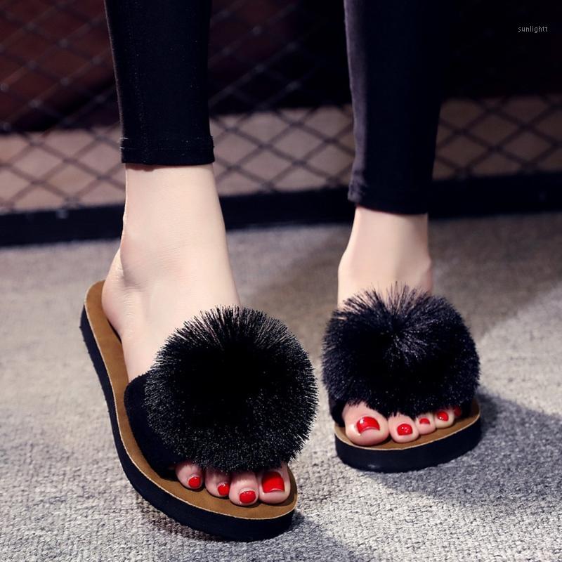 

Women Slippers Beach Breathable Hair Ball Sandals Home Indoor Women Flip-Flops Flat Shoes Summer Lady Furry Slippers Shoes#07301, Bk